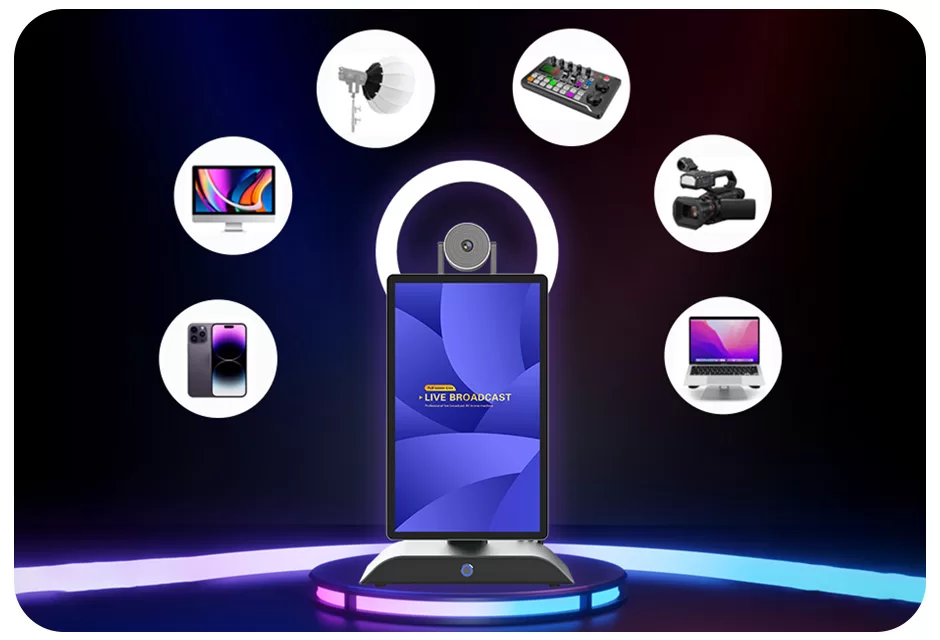 All-in-One Design: Our All-in-One Live Streaming Device combines a screen, mobile phone, laptop, sound card, fill lights, and control panel, providing an integrated and convenient solution for your live streaming needs.