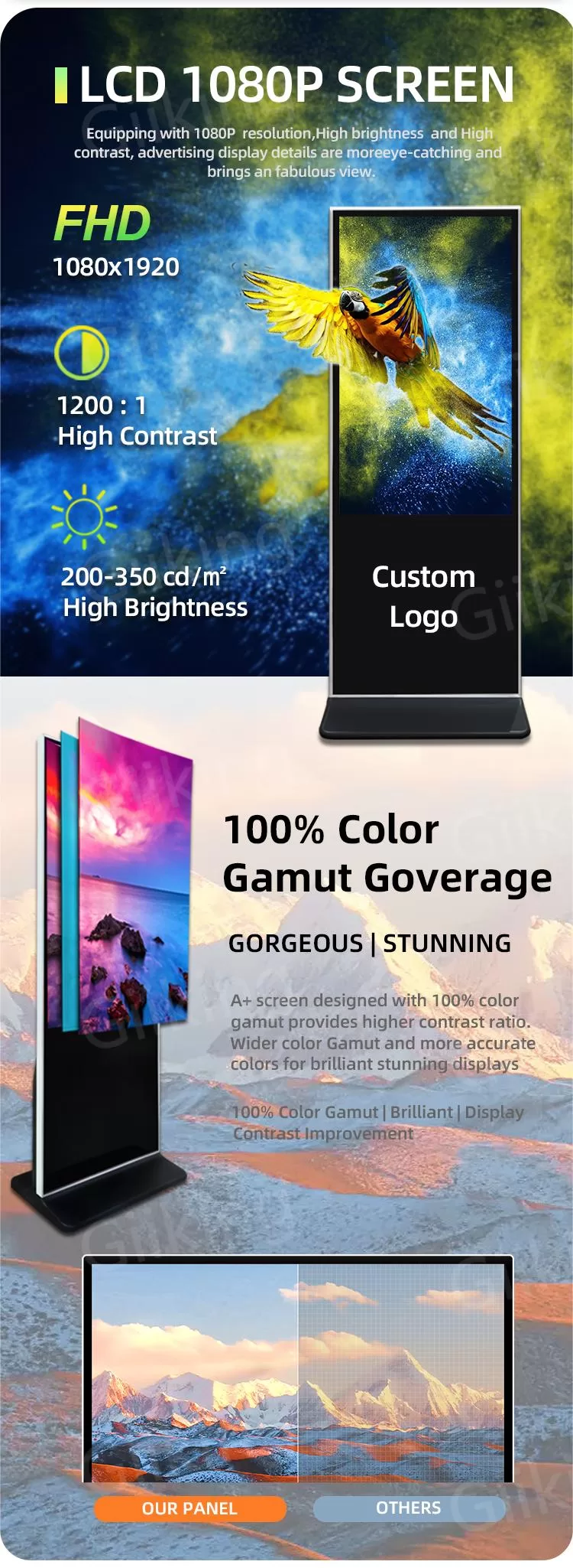 Digital signage kiosk-floor standing digital signage-kiosk digital signage supplier-FHD Sreen and 100% color Gamut Goverage, making advertising clear and vivid