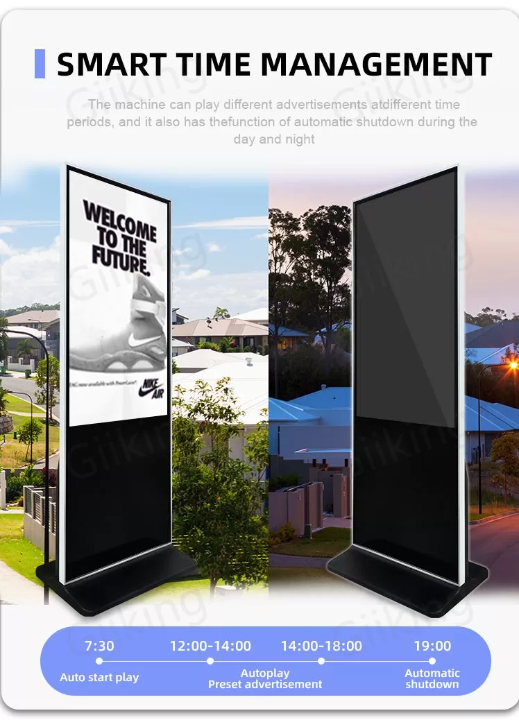 Digital signage kiosk-floor standing digital signage-kiosk digital signage supplier-Auto swich on/off and could set different advertisment loop pay in different time