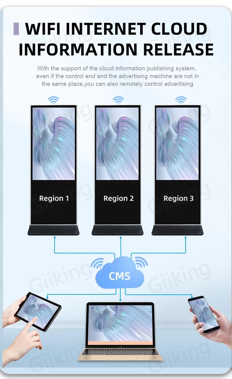 Digital signage kiosk-floor standing digital signage-kiosk digital signage supplier-CMS Cloud control, publishing same advertisment to different machines in different area at the same time