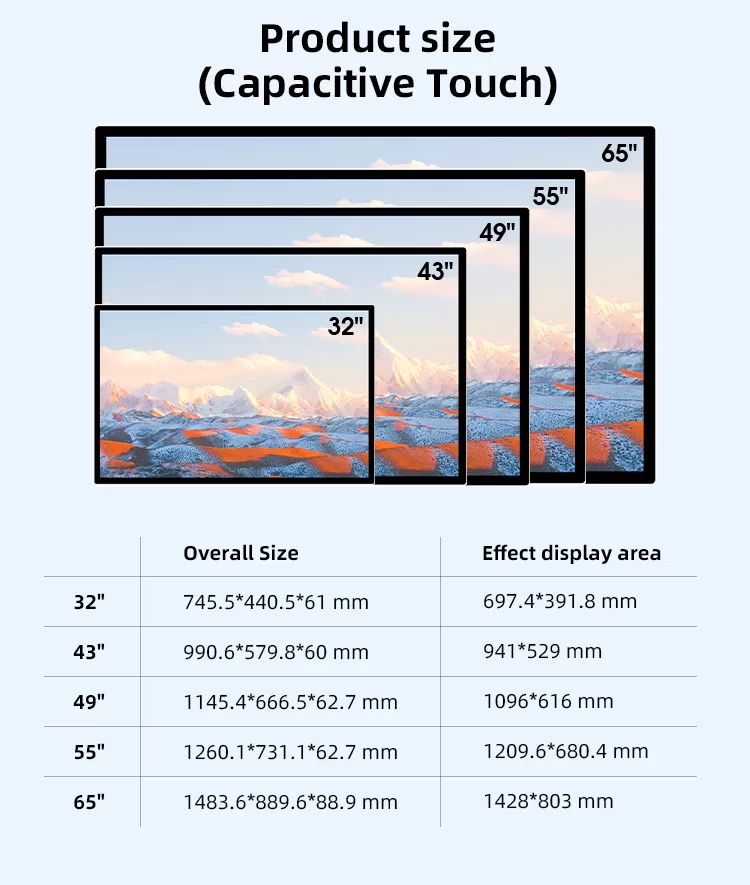 Wall mounted digital display screen- digital display screen advertising-digital signage solution providers-Capacitive touch screen sizes information